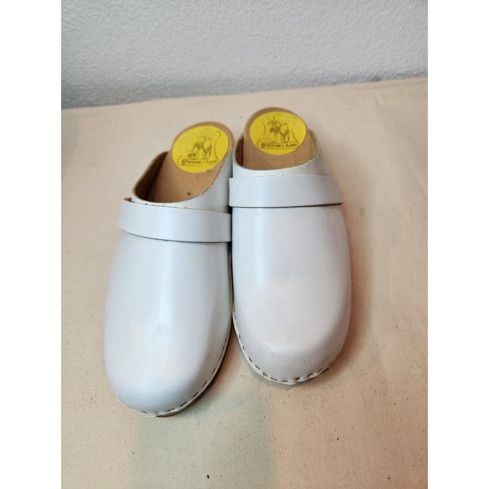 Rindö Toffeln White Swedish Leather wooden Clogs Handmade  EU 37 / US 6.5–7 vtg‎